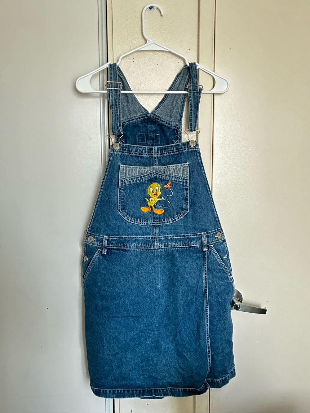 Vintage 90s Looney Tunes Tweety Bird Denim Overalls Dress Skort XL